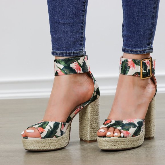 Floral Print Platform Espadrilles, Ankle Buckle - Picture 3 of 11